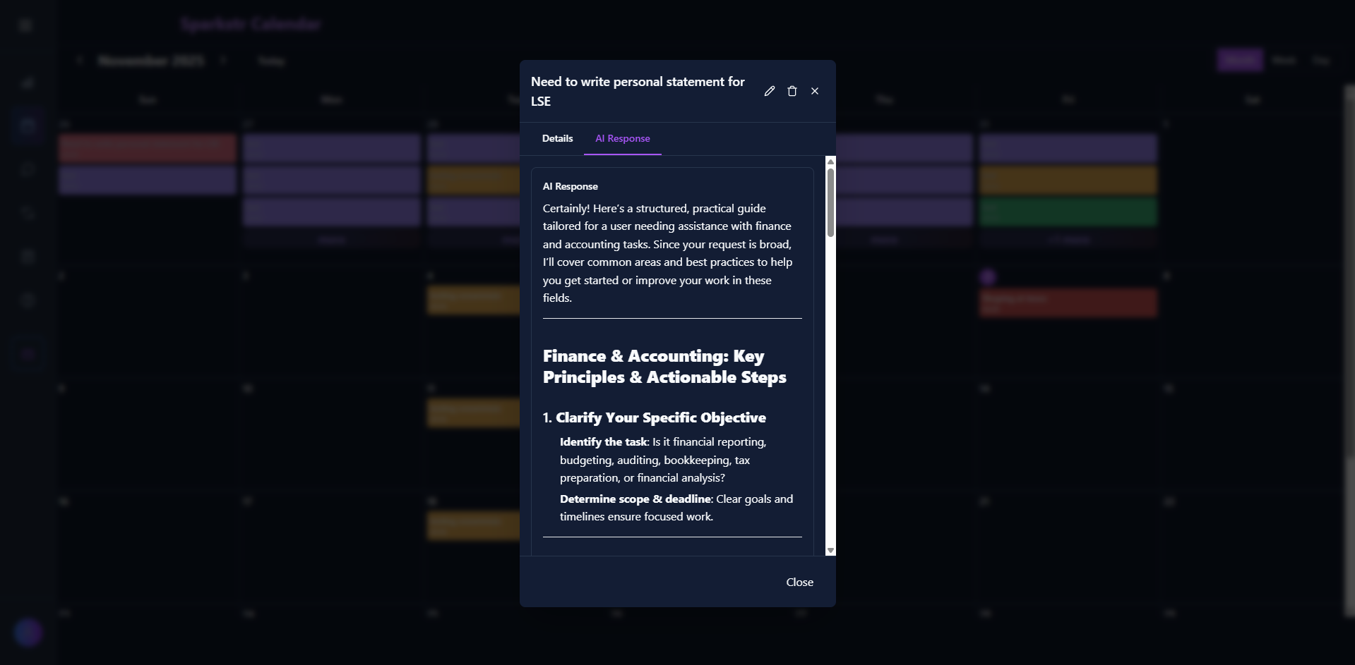 Smart calendar interface with AI-powered task organization