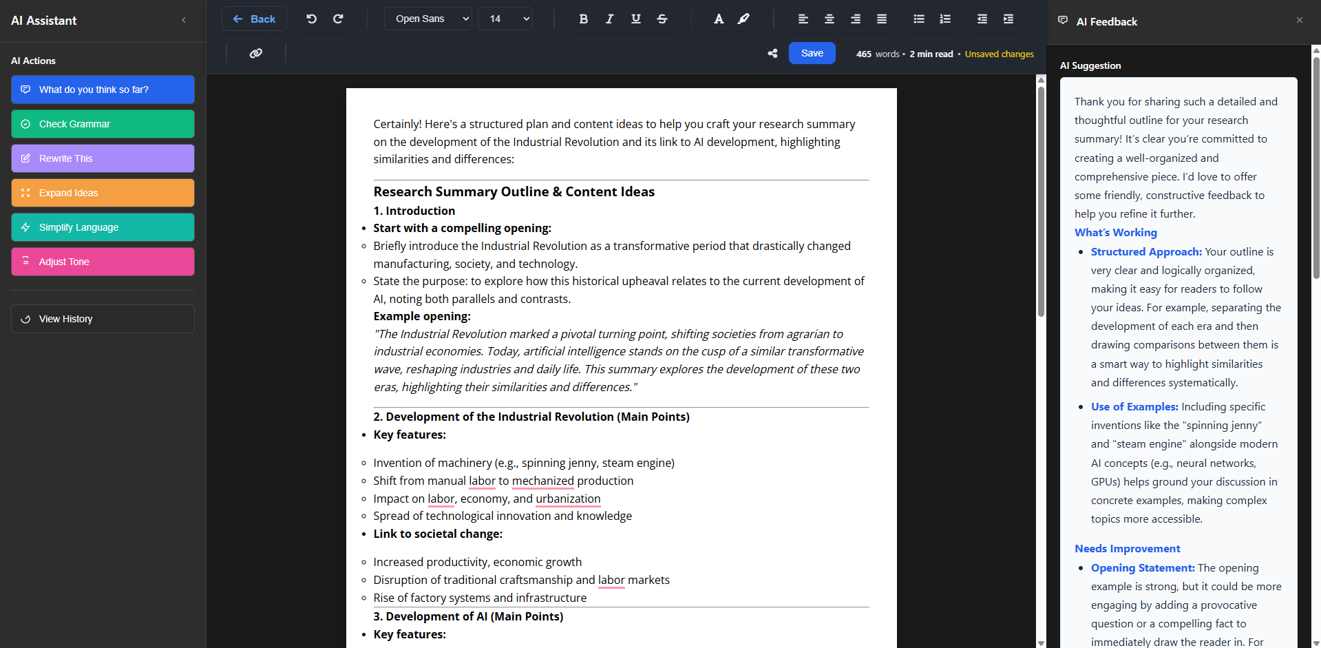 Document editor with AI writing assistance